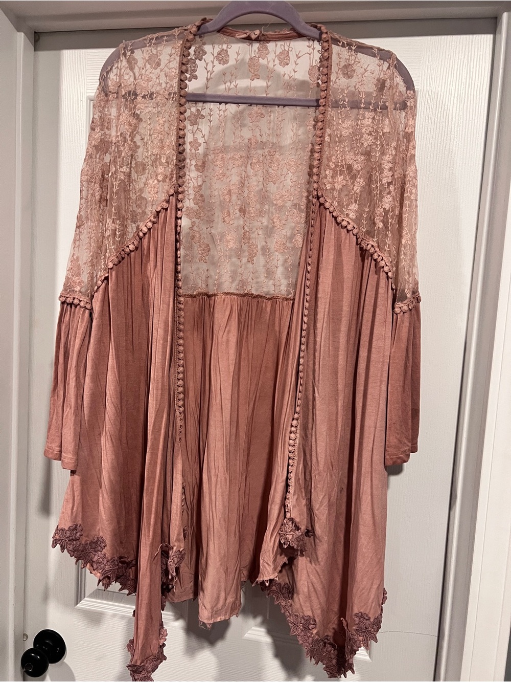POL Dusty Rose Blush Lace & Rayon Open Kimono Cardigan Size Large